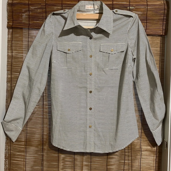 Tory Burch Black and White Striped Bridget Button Down Shirt - Picture 1 of 8